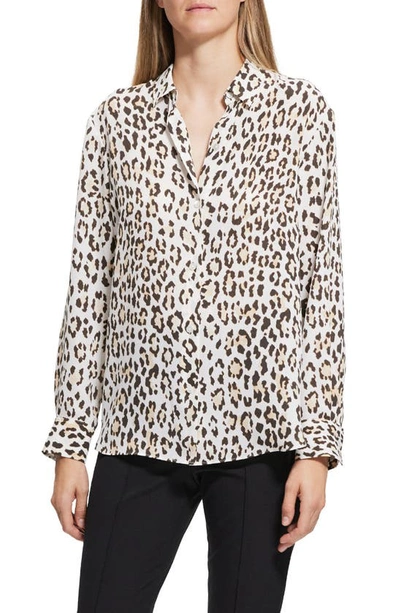 Theory Oversized Leopard-print Button-front Blouse In Natural - Qe1