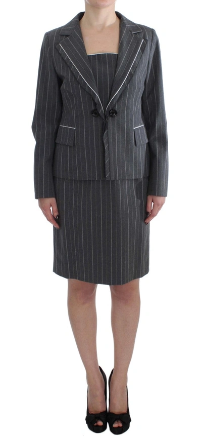 Bencivenga Elegant Gray Striped Dress &amp; Blazer Suit Women's Set