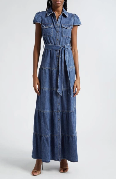 Alice And Olivia Miranda Tiered Denim Maxi Dress In Lola Blue