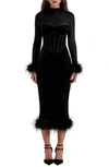 House Of Cb Lianna Feather Trim Long Sleeve Corset Midi Dress In Black