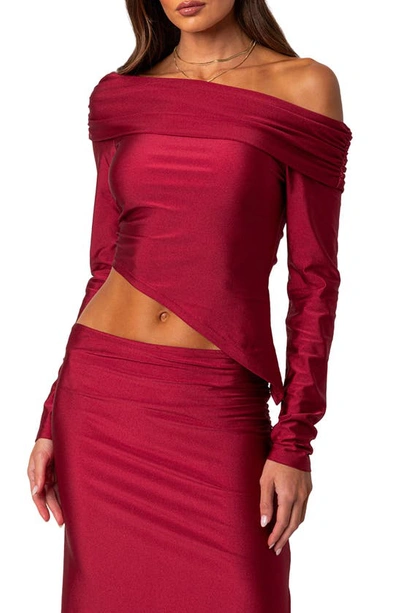 Edikted Reema Shiny Foldover One-shoulder Asymmetric Top In Red