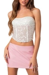 EDIKTED EDIKTED SEQUIN LACE-UP STRAPLESS CORSET CROP TOP