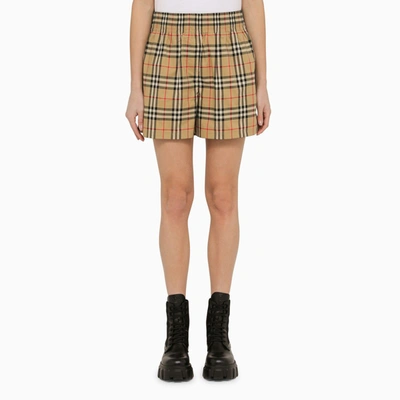 Burberry Stretch Cotton Shorts With Vintage Check Motif And Side Bands In Nude & Neutrals