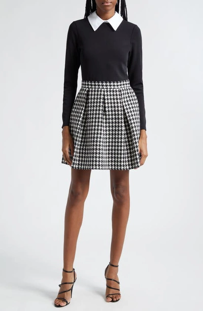 Alice And Olivia Chara Long-sleeve Pleated Mini Dress With Collar In Black Off White