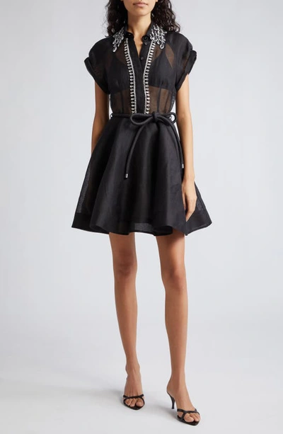 ZIMMERMANN ZIMMERMANN MATCHMAKER CRYSTAL EMBELLISHED BELTED LINEN & SILK ORGANZA MINIDRESS