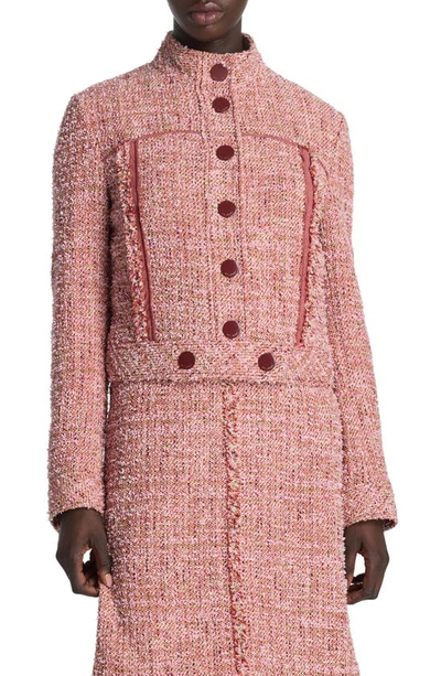 St. John Georgette-trim Textured Eyelash Fringe Tweed Jacket In Pink Multi