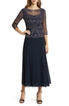 Pisarro Nights Pisaro Nights Beaded Mesh Mock Two-piece Gown In Navy 410