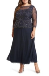 Pisarro Nights Beaded Mesh Mock Two-piece Gown In Navy 410