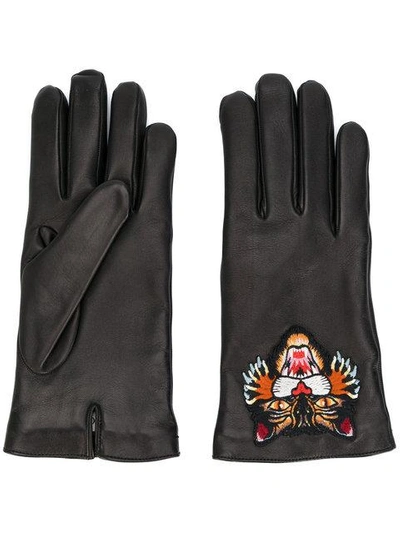 Gucci Leather Gloves With Angry Cat In Black