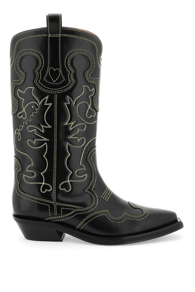 Ganni Embroidered Western Boots In Mixed Colours