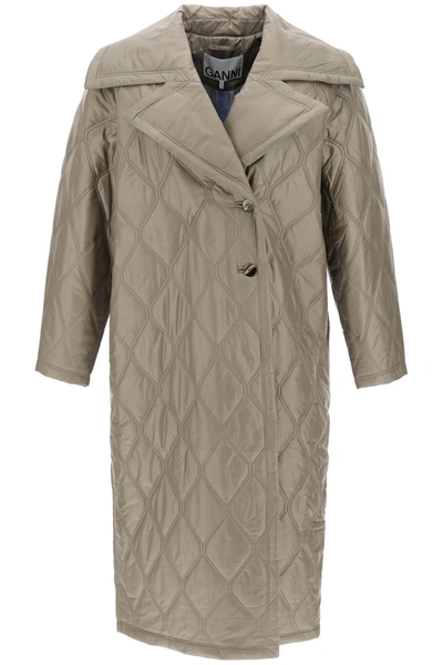 Ganni Long Shiny Quilted Coat In Khaki