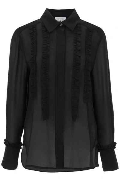 Ganni Ruffled Chiffon Shirt In Black