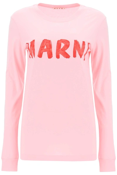 Marni Brushed Logo Long-sleeved T-shirt In Pink