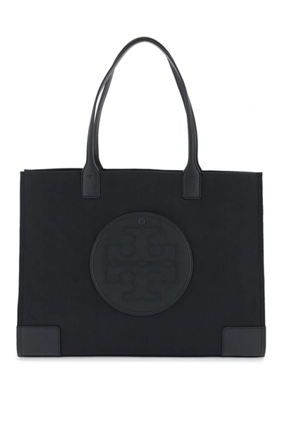 Tory Burch Ella Tote Bag In Black Leather In Azul Oscuro