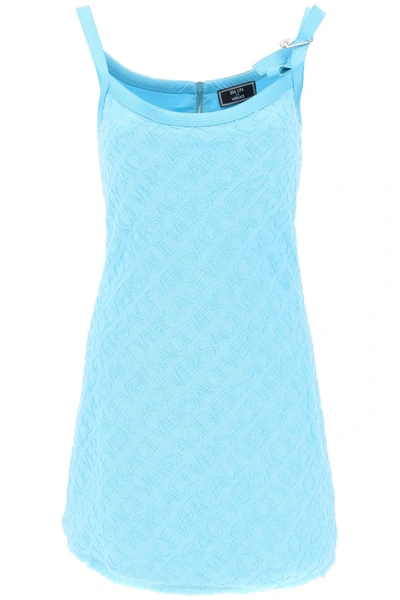 Versace Jacquard Sponge Mini Dress With Embossed Logo In Light Blue