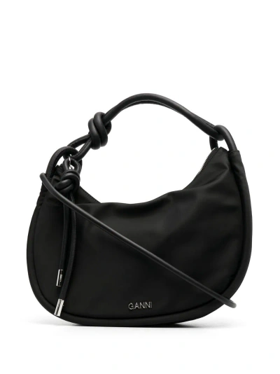 Ganni Knot Baguette Nylon Handbag In Black