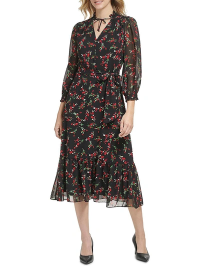 Karl Lagerfeld Womens Chiffon Floral Print Midi Dress In Black