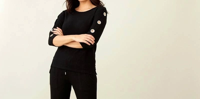 French Kyss Soft Stretch 3/4 Grommet Crew Top In Black