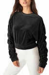 JUICY COUTURE WOMEN'S RUCHED SLEEVE PITCH PULLOVER TOP IN BLACK