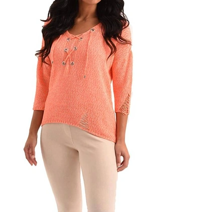 French Kyss Sloane Crochet Raw Cut Tie Top In Peach In Pink