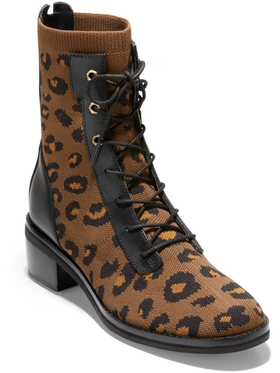 Cole Haan Piedmont Stchlt Cmbt Womens Knit Animal Print Combat & Lace-up Boots In Brown