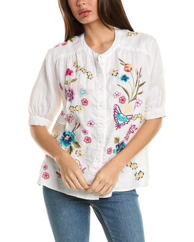 Johnny Was Jessi Embroidered Puff-sleeve Linen Blouse In White