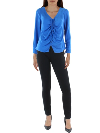 H Halston Womens V-neck Ruched Front Blouse In Blue