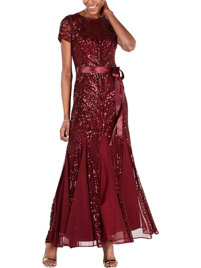 R & M Richards Petites Womens Mesh Godet Formal Dress In Red