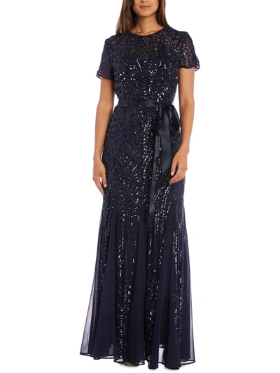 R & M Richards Womens Sequined Maxi Evening Dress In Blue