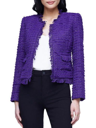 L Agence Angelina Womens Tweed Metallic Collarless Blazer In Purple