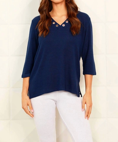 French Kyss Soft Stretch 3/4 Grommet V Top In Navy In Blue