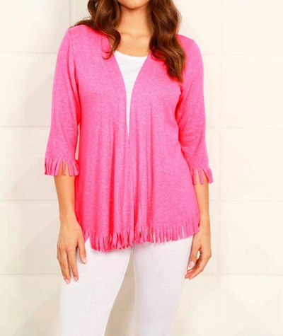 French Kyss Soft Stretch 3/4 Sleeve Fringe Cardigan In Candy In Pink