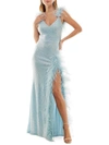 TLC SAY YES TO THE PROM JUNIORS WOMENS FAUX FEATHER TRIM MAXI EVENING DRESS
