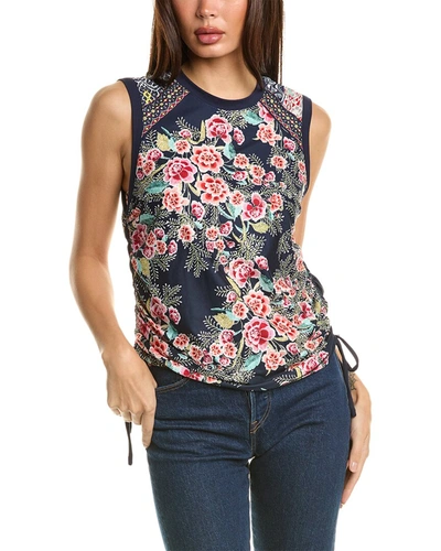Johnny Was Aztec Flower Ruched Muscle Tank In Multi In Blue