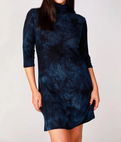 French Kyss Tie Dye Mock Neck Dress In Ink In Blue