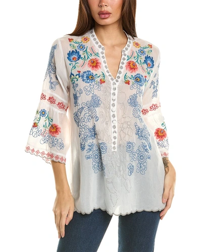 Johnny Was Maverick Floral-embroidered Bell-sleeve Blouse In White