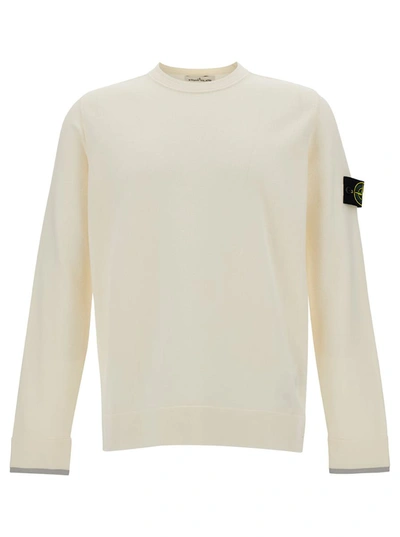 Stone Island White Crewneck Sweater With Logo Patch In Wool Blend Man In Beige