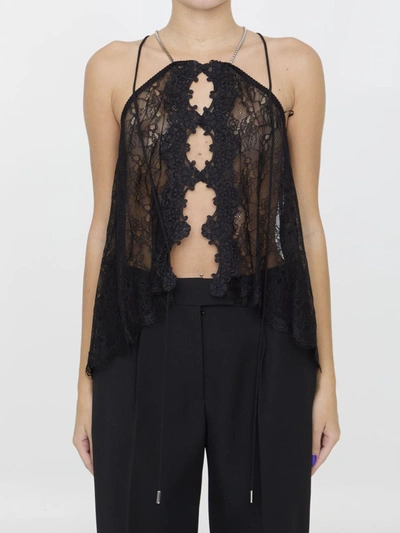 Attico Cutout Button-front Chain-halter Lace Top In Black