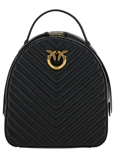 Pinko 'love Click' Black Backpack With Love Birds Diamond Logo Detail In Chevron Leather Woman