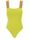 Versace Yellow One-piece Swimsuit With Greca Motif On The Straps In Polyamide Woman In Yellow