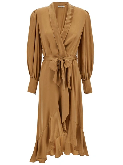 ZIMMERMANN MIDI ASYMMETRIC BEIGE DRESS WITH BELT IN SILK WOMAN