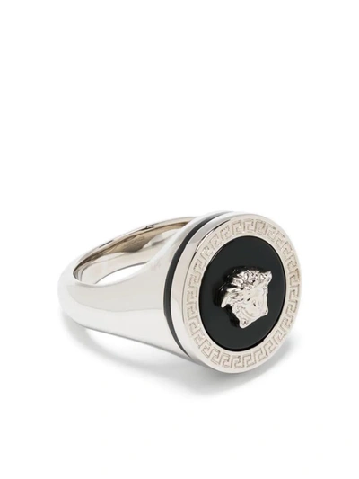 Versace Metal Logo Ring In Grey