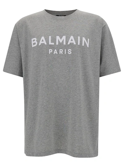 BALMAIN GREY CREW NECK T-SHIRT WITH LOGO PRINT ON THE CHEST IN COTTON MAN