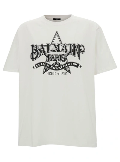 BALMAIN WHITE T-SHIRT WITH STAR GRAPHIC PRINT IN COTTON MAN