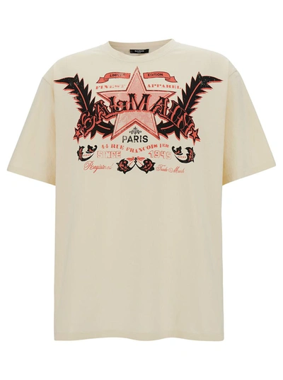 BALMAIN WHITE T-SHIRT WITH WESTERN GRAPHIC PRINT IN COTTON MAN