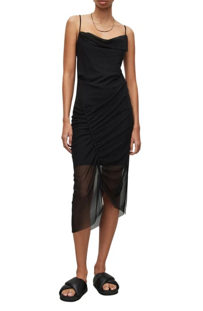 Allsaints Womens Black Ulla Square-neck Draped Stretch Recycled-polyester Midi Dress