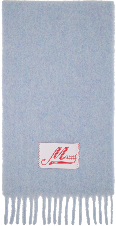 Marni Blue Brushed Alpaca Logo Scarf In Iris Blue Melange