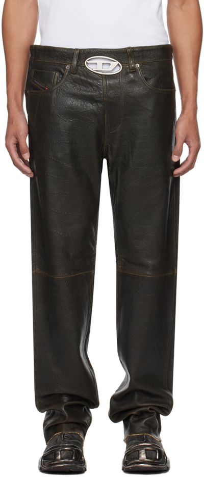 Diesel Brown P-kooman Leather Trousers In Black