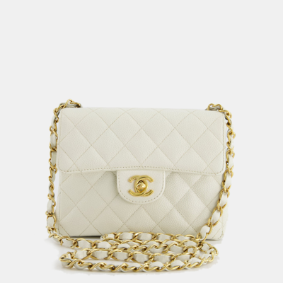 Pre-owned Chanel Vintage White Caviar Mini Square Flap Bag With 24k Gold Hardware