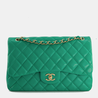 Pre-owned Chanel Emerald Green Jumbo Classic Double Flap Bag In Lambskin Leather With Brushed Gold Hardware